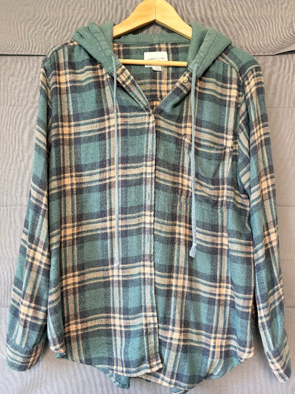 American Eagle Green Plaid Hooded Flannel Shirt